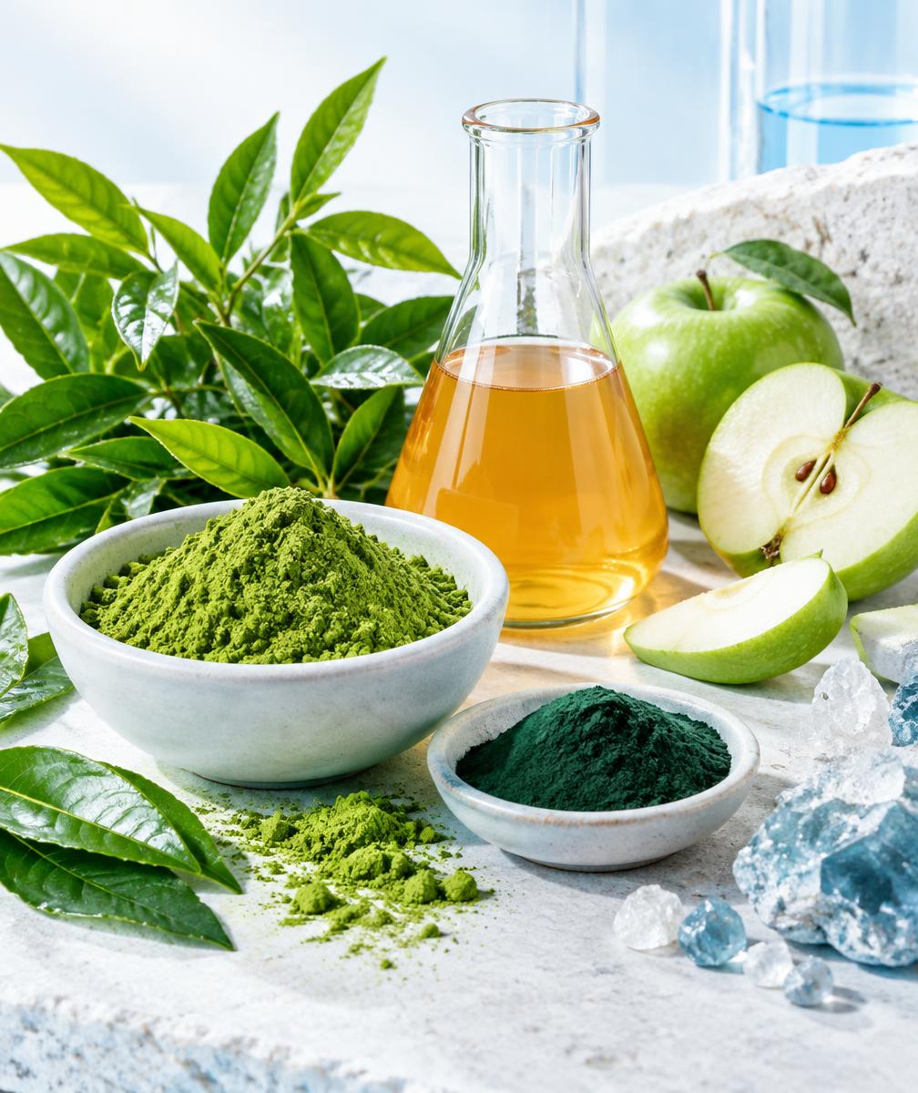 Green tea, apple cider vinegar, green apple, and botanical powders